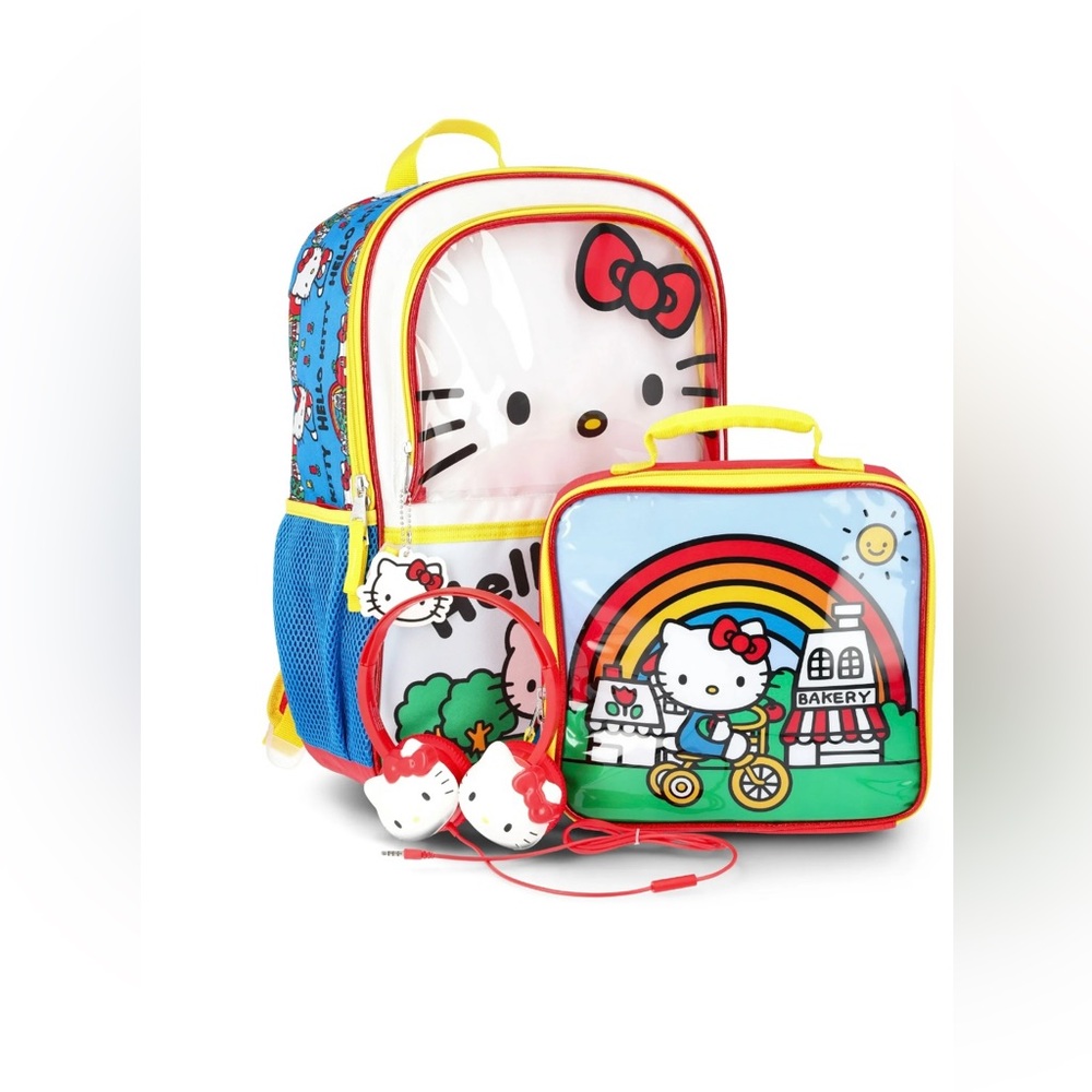 Sanrio Hello Kitty 4pc Backpack Set w/Headphones Lunchbox Keychain New With Tags